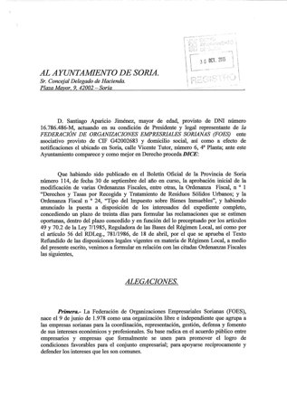 Alegaciones FOES a Ordenanzas IBI y Residuos del Ayuntamiento de Soria